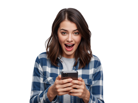 Excited woman with smartphone celebrating success against isolated transparent backdrop
