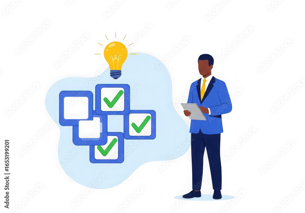 Poster businessman reviews a completed checklist with a bright idea lightbulb above the tasks isolated on t