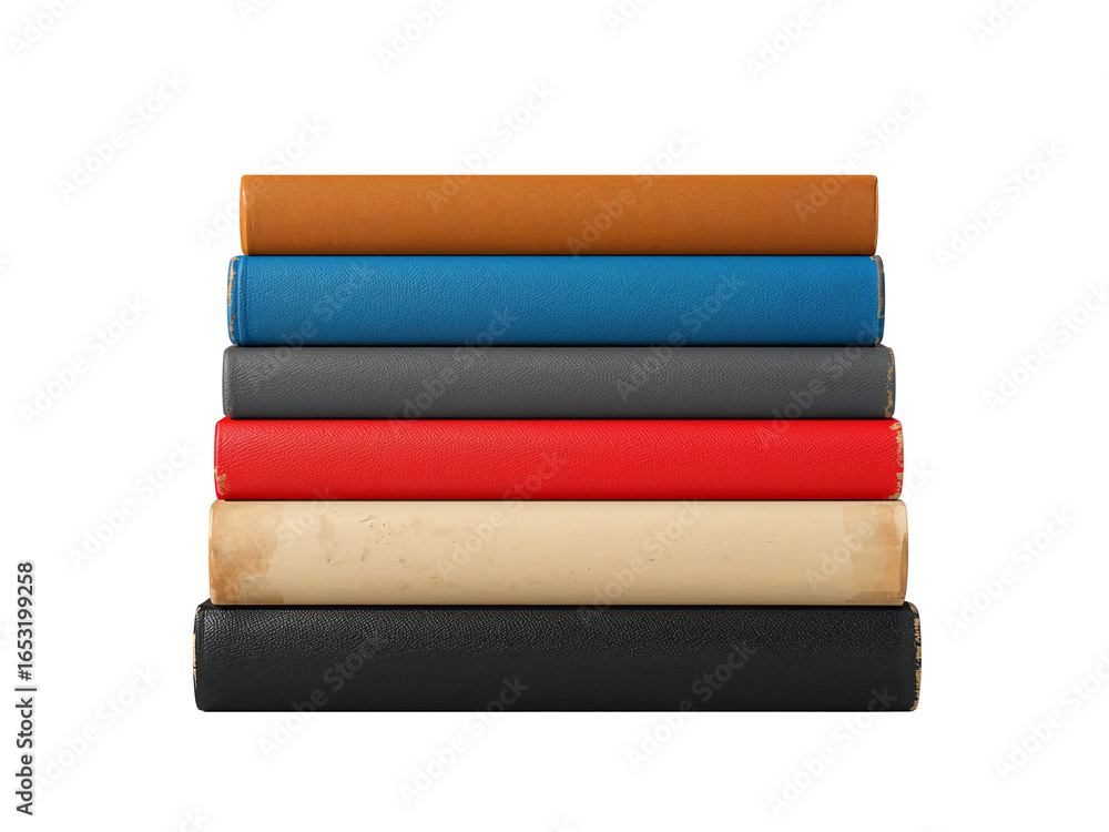 Poster stack of colorful hardcover books against isolated transparent setting adds a modern and