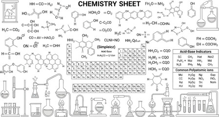 Chemistry sheet with chemical formulas and laboratory equipment illustrations