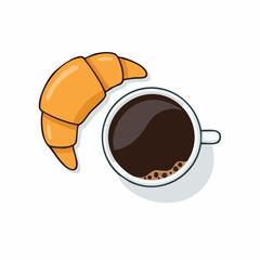 Une tasse de café et un croissant vu du dessus, petit déjeuner, fond blanc