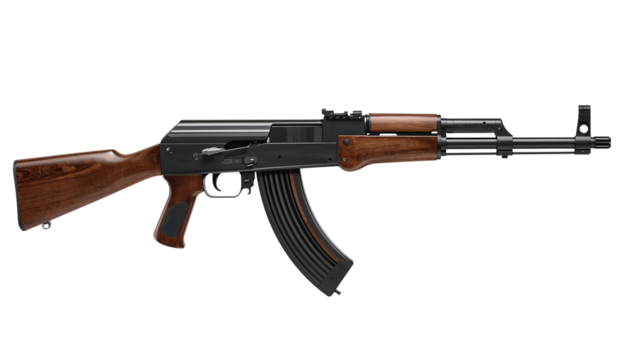 Detailed studio shot of an AK-47 rifle against a transparent isolated background showcasing