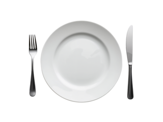 Elegant white dinner plate setting with fork and knife against an isolated simple transparent
