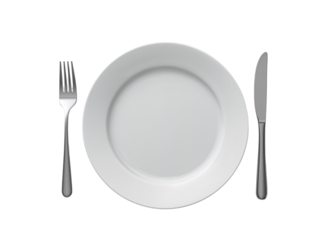 Minimalist Place Setting with Utensils and White Plate on Isolated Transparent Field