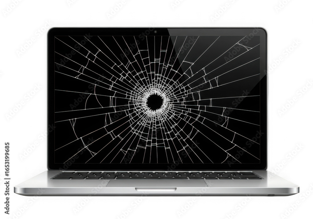 Poster a modern silver laptop with a severely cracked screen displaying a spiderweb pattern isolated on tra