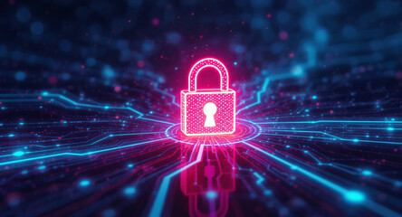 Data protection technology concept: A glowing red padlock serves as a focal point within a dynamic digital landscape of blue illuminated circuit pathways and nodes, representing secure network connect