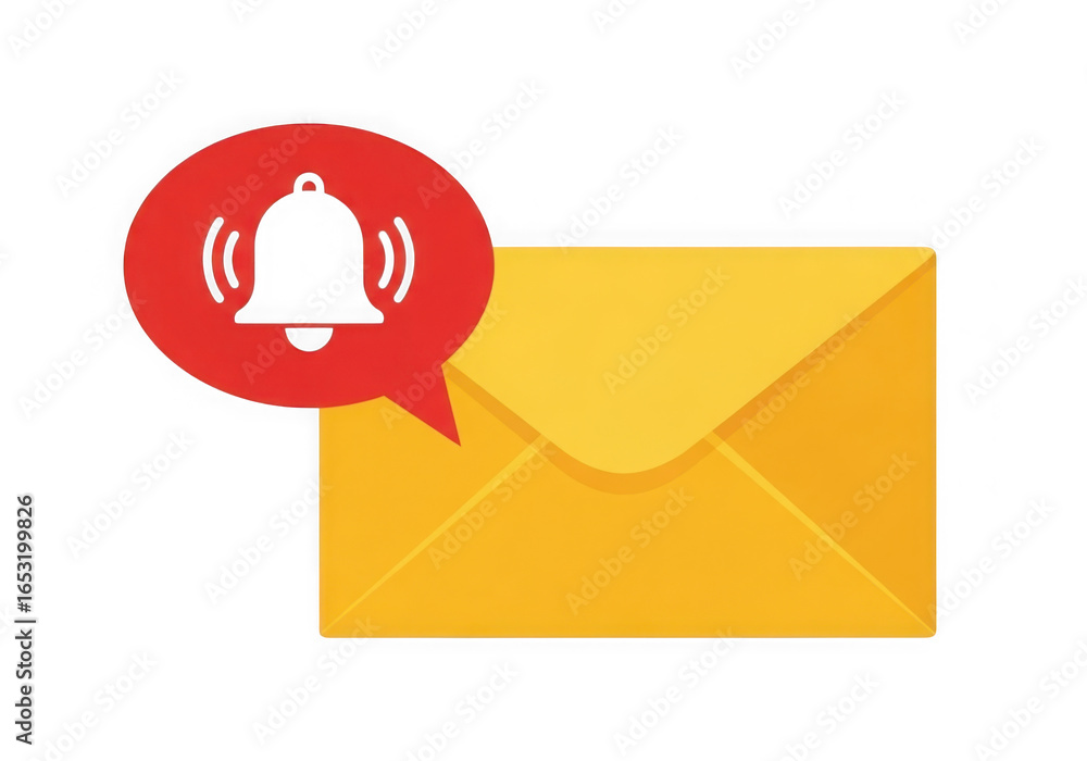 Aufkleber yellow envelope with red notification bell icon alerting new message isolated on transparent backgro
