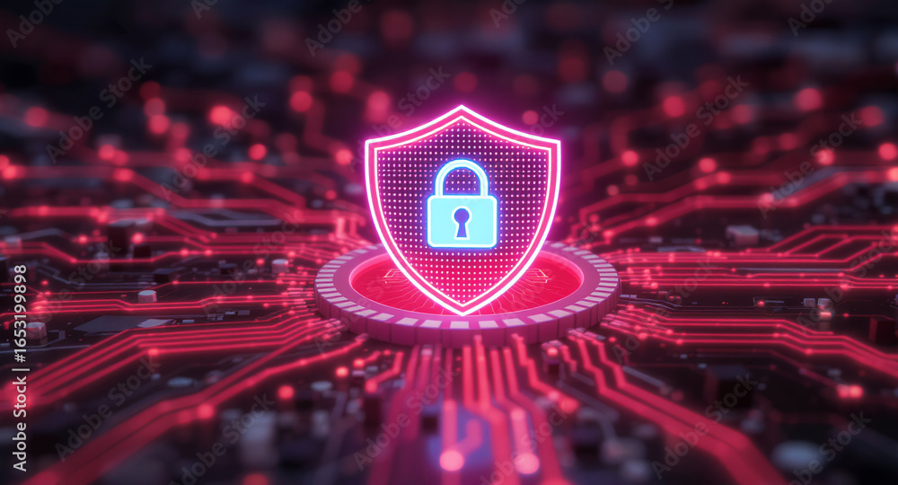 Poster digital firewall visualization: a brightly glowing shield, with a pink outline and a blue padlock ic