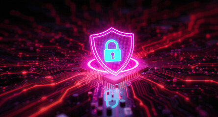 Digital firewall visualization: A brightly glowing shield, with a pink outline and a blue padlock icon inside, acts as a central hub on a complex motherboard. Glowing red data lines flow towards it. 