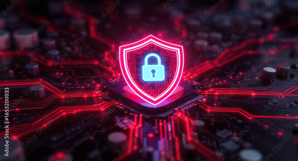 Poster digital firewall visualization: a brightly glowing shield, with a pink outline and a blue padlock ic