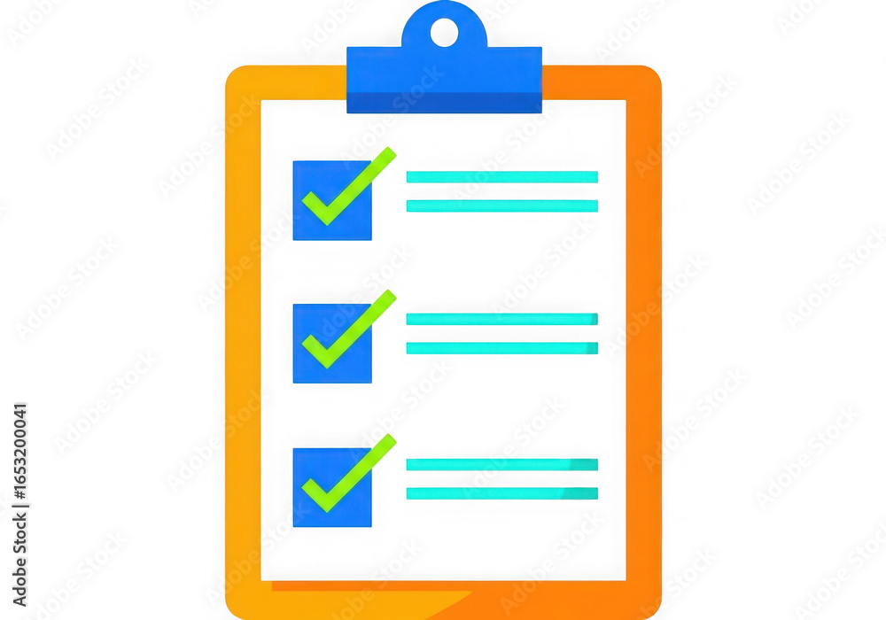 Poster orange clipboard with a checklist of three completed tasks marked with green checkmarks isolated on 