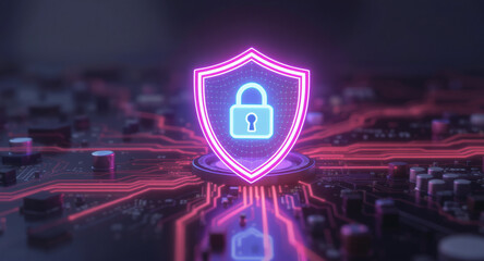 Digital firewall visualization: A brightly glowing shield, with a pink outline and a blue padlock icon inside, acts as a central hub on a complex motherboard. Glowing red data lines flow towards it. 