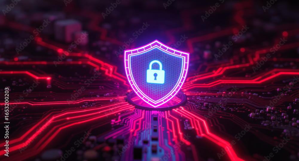 Poster digital firewall visualization: a brightly glowing shield, with a pink outline and a blue padlock ic