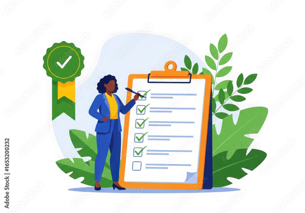 Poster businesswoman checking off items on a large clipboard with a checklist and green checkmark badge iso