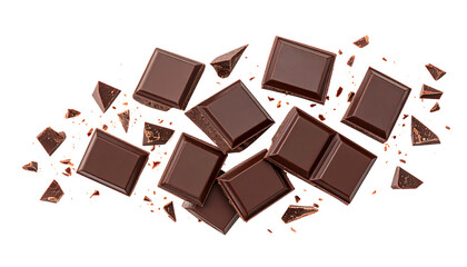 Delicious dark chocolate squares and shards, isolated on white,  exuding rich, decadent texture and tempting aroma, perfect for food and beverage advertising.
