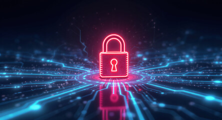 Data protection technology concept: A glowing red padlock serves as a focal point within a dynamic digital landscape of blue illuminated circuit pathways and nodes, representing secure network connect