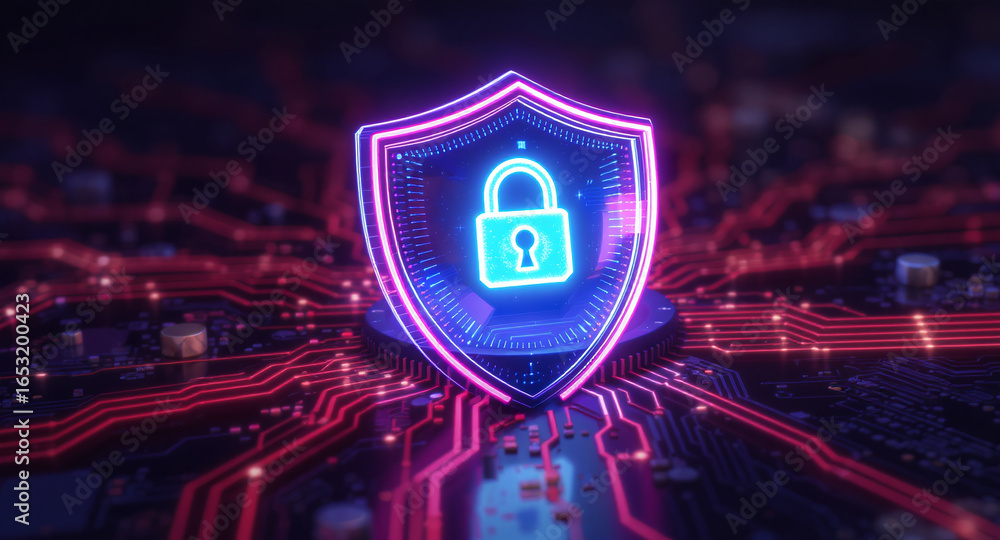 Poster digital firewall visualization: a brightly glowing shield, with a pink outline and a blue padlock ic