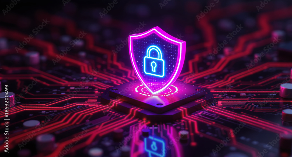 Poster digital firewall visualization: a brightly glowing shield, with a pink outline and a blue padlock ic