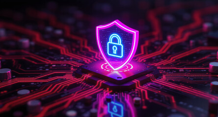 Digital firewall visualization: A brightly glowing shield, with a pink outline and a blue padlock icon inside, acts as a central hub on a complex motherboard. Glowing red data lines flow towards it. 