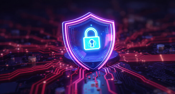 Digital firewall visualization: A brightly glowing shield, with a pink outline and a blue padlock icon inside, acts as a central hub on a complex motherboard. Glowing red data lines flow towards it. 