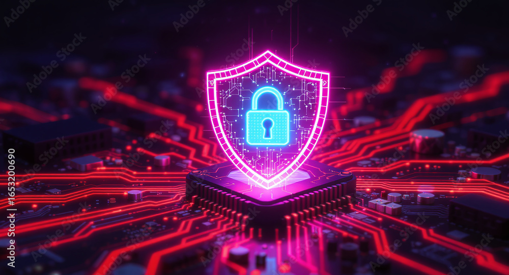 Poster digital firewall visualization: a brightly glowing shield, with a pink outline and a blue padlock ic