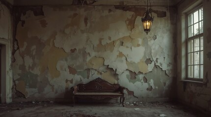 Vintage ornate bench in abandoned room with peeling walls and hanging lantern