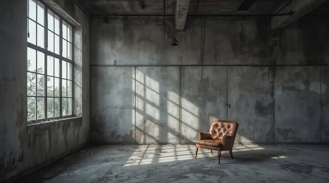 Luxury leather armchair in industrial loft with dramatic window shadows