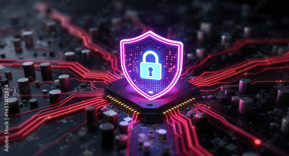 Poster digital firewall visualization: a brightly glowing shield, with a pink outline and a blue padlock ic