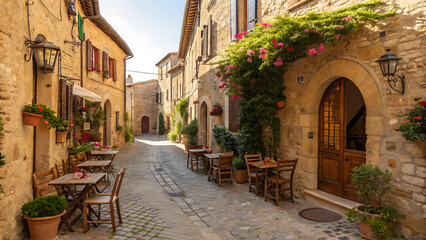 Fototapeta premium Alleyway in a rustic European village, lined with stone buildings.