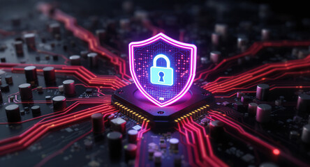 Digital firewall visualization: A brightly glowing shield, with a pink outline and a blue padlock icon inside, acts as a central hub on a complex motherboard. Glowing red data lines flow towards it. 