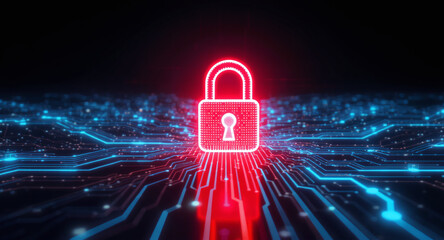Data protection technology concept: A glowing red padlock serves as a focal point within a dynamic digital landscape of blue illuminated circuit pathways and nodes, representing secure network connect