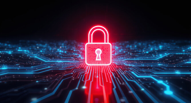 Data protection technology concept: A glowing red padlock serves as a focal point within a dynamic digital landscape of blue illuminated circuit pathways and nodes, representing secure network connect