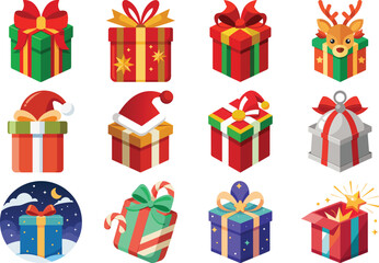 Collection of Colorful Christmas Gift Boxes with Ribbons and Festive Decorations on white background