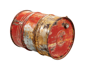 Industrial action rusty red drum workshop view grunge texture isolated on transparent background, png