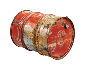 Industrial action rusty red drum workshop view grunge texture isolated on transparent background, png