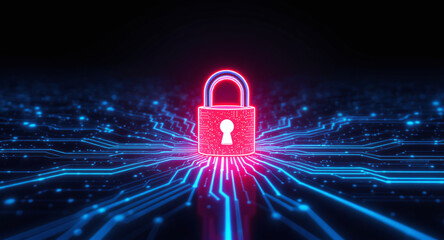 Data protection technology concept: A glowing red padlock serves as a focal point within a dynamic digital landscape of blue illuminated circuit pathways and nodes, representing secure network connect