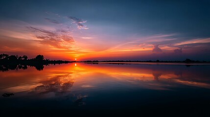 Obraz premium A serene sunset over a calm lake with a reflection of the sky on the water, with a few trees in the background and a few clouds in the sky.