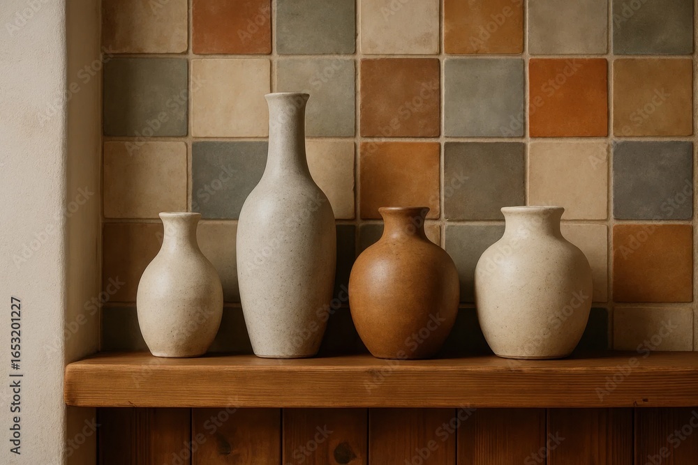 Aufkleber an array of earthy vases in muted tones stands against a backdrop of warm-toned tiles, evoking a sen