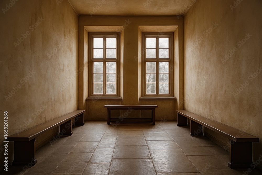 Poster an empty room with two large windows, bathed in a soft, warm light that casts long shadows across th