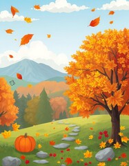 Cartoon autumn landscape with vibrant maple tree, flying leaves, pumpkin on grass, stone path, and distant mountains under a cloudy sky.