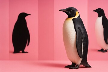 Obraz premium A trio of penguins stands out against a pink backdrop, their black and white plumage contrasting sharply with the soft hue