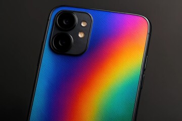 A smartphone with a vibrant, rainbow-colored case stands out against a dark backdrop
