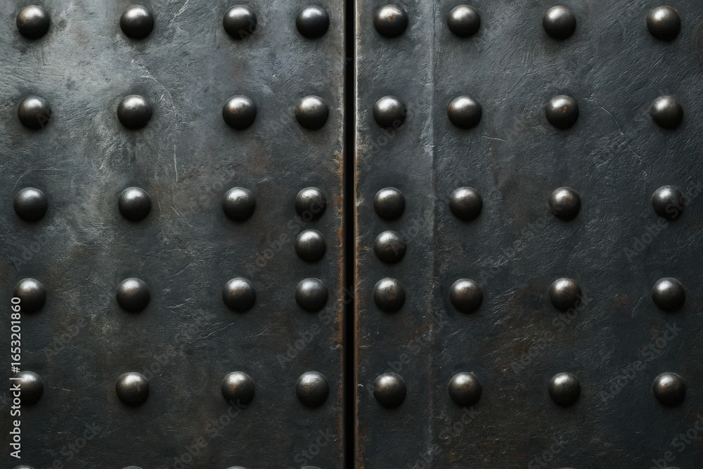 Poster an intricate pattern of metallic studs on a dark background, symbolizing strength and durability