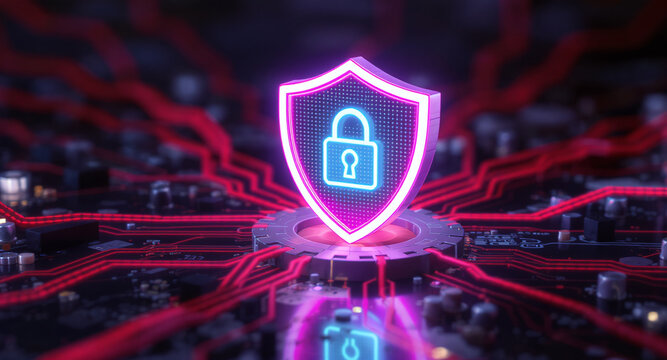 Digital firewall visualization: A brightly glowing shield, with a pink outline and a blue padlock icon inside, acts as a central hub on a complex motherboard. Glowing red data lines flow towards it. 