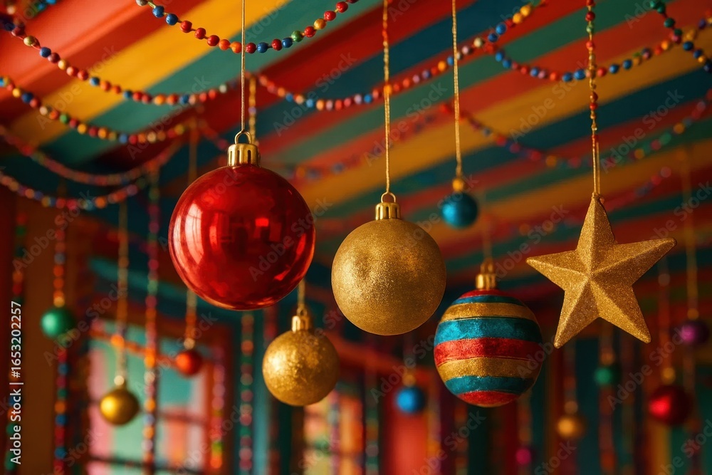 Poster a vibrant array of colorful christmas ornaments dangles from a festive ceiling, casting a warm glow 