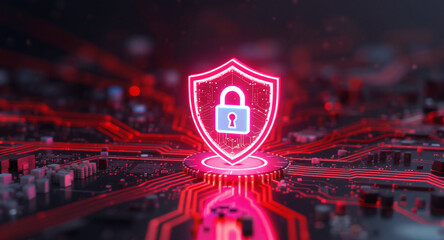 Digital firewall visualization: A brightly glowing shield, with a pink outline and a blue padlock icon inside, acts as a central hub on a complex motherboard. Glowing red data lines flow towards it. 