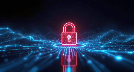 Data protection technology concept: A glowing red padlock serves as a focal point within a dynamic digital landscape of blue illuminated circuit pathways and nodes, representing secure network connect