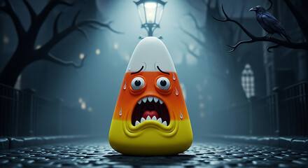 Scared candy corn character on a dark halloween street with raven