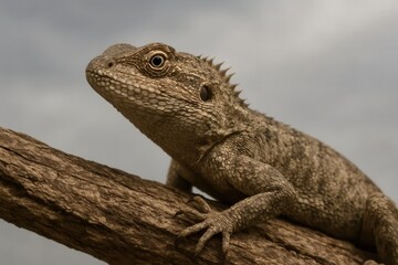 Fototapeta premium A reptilian sentinel perches on a branch, its gaze steady and watchful against the backdrop of an overcast sky