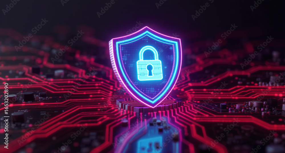 Poster digital firewall visualization: a brightly glowing shield, with a pink outline and a blue padlock ic